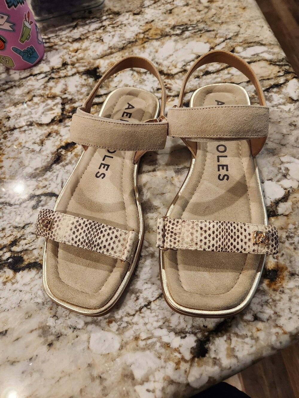 AEROSOLES Taupe Snake-Print and Gold Accent Slingback Sandals